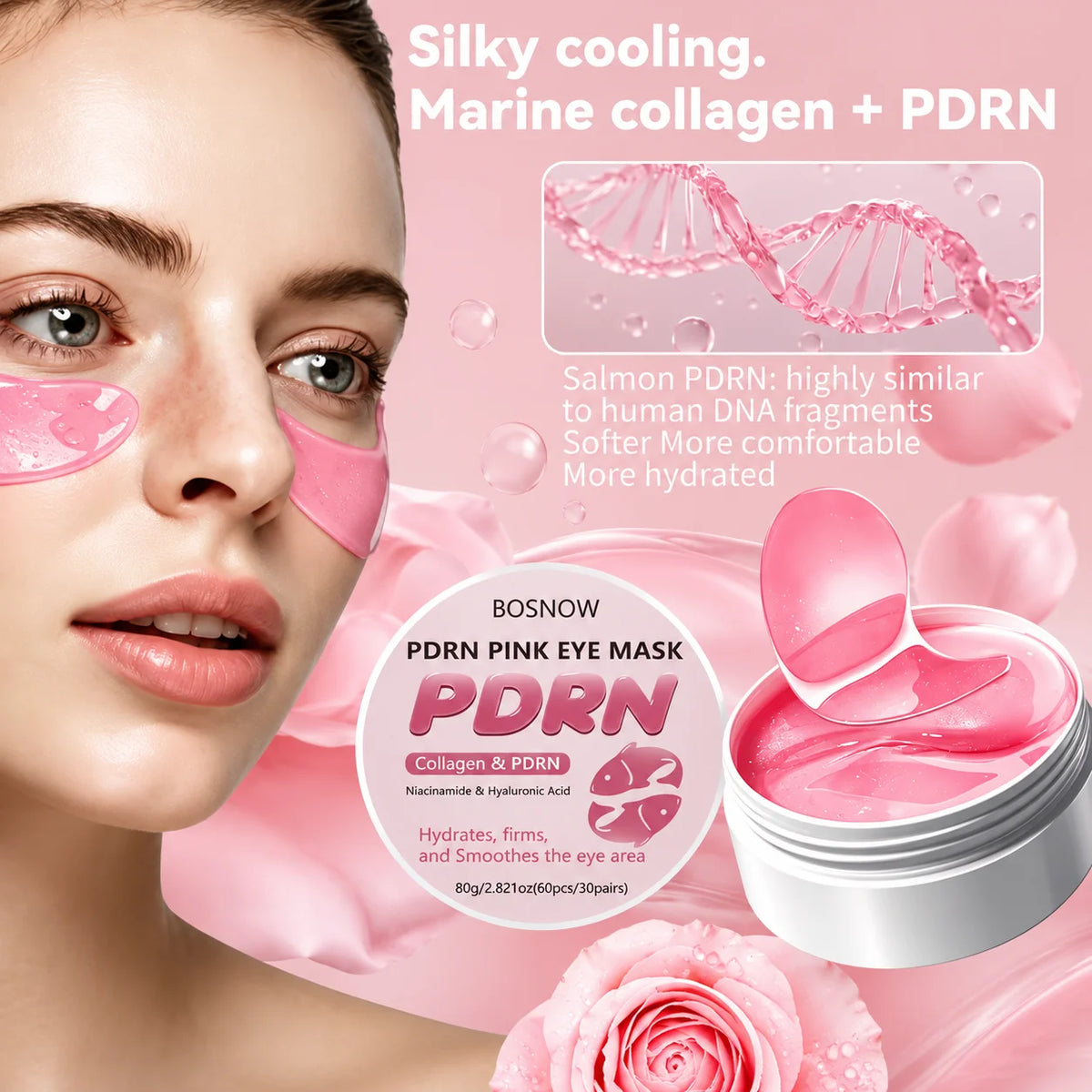 Jelieora Venture pink eye patches, 60-piece set of gel under-eye pads for deep hydration, cooling, and skin rejuvenation around the eyes.