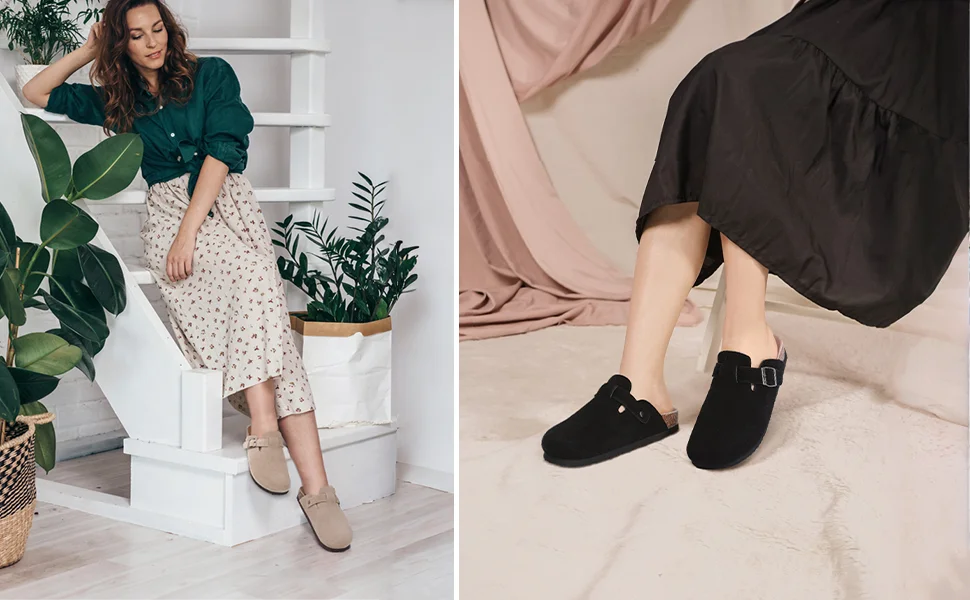 Women's suede mule clogs with cork soles and adjustable buckle, stylish footwear by Jelieora Venture.