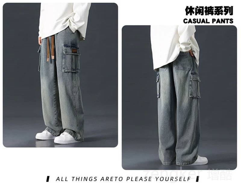 Men's plus size wide leg jeans with elasticated waist by Jelieora Venture, showing relaxed fit and casual style in a natural pose.