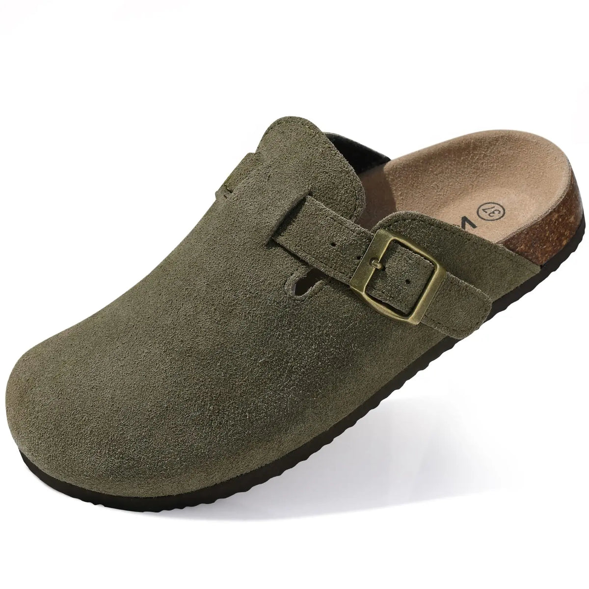Women’s suede mule clogs with cork soles and adjustable buckle, stylish Jelieora Venture footwear for comfortable casual wear.