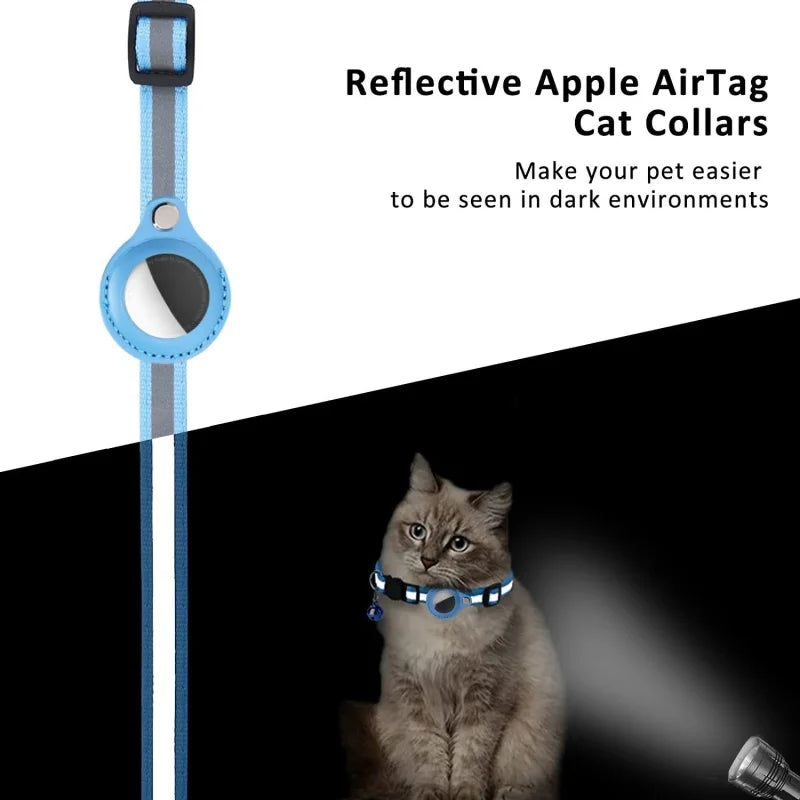Adjustable Jelieora Venture Airtag cat collar with footprint print, reflective safety necklace, bell, and Airtag holder accessory.