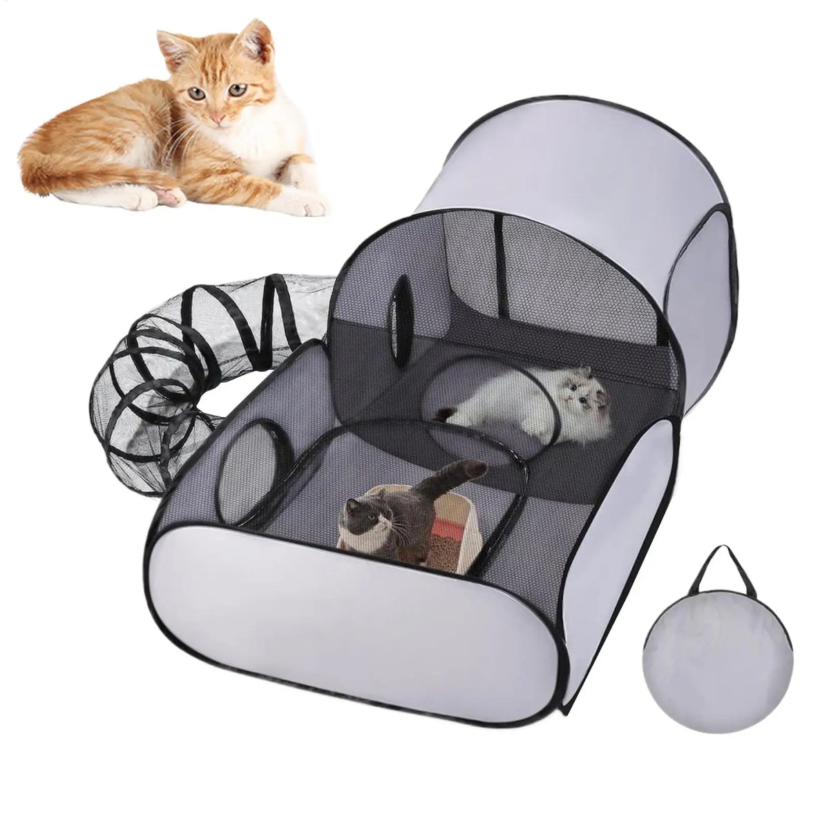 Foldable Jelieora Venture cat and dog playpen tent with breathable mesh sides and interactive toys for kittens and puppies.