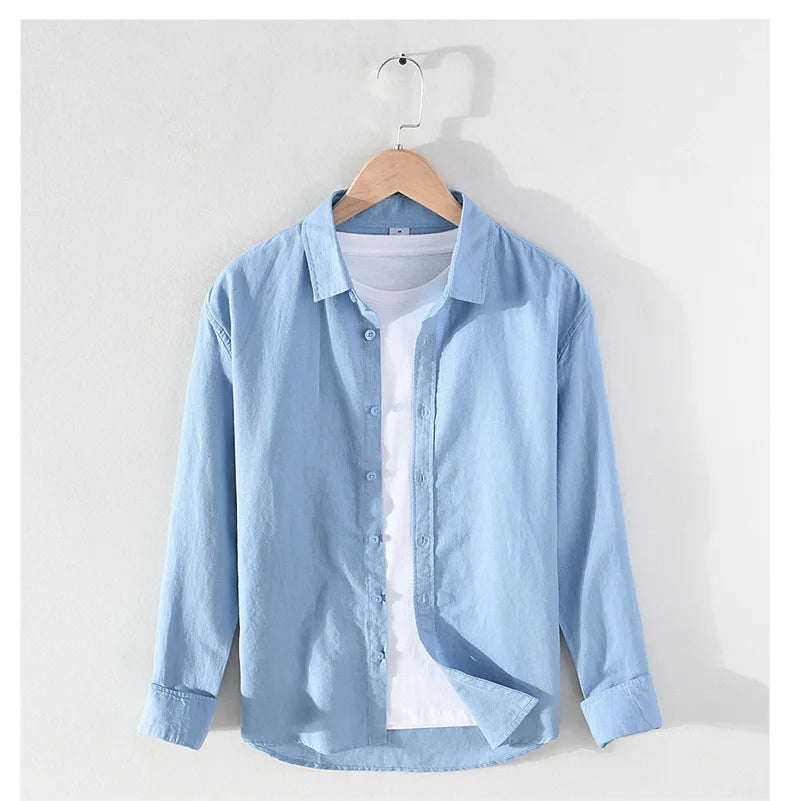 Men's linen long sleeve shirt by Jelieora Venture, showing a lightweight, breathable fabric and classic collar design.