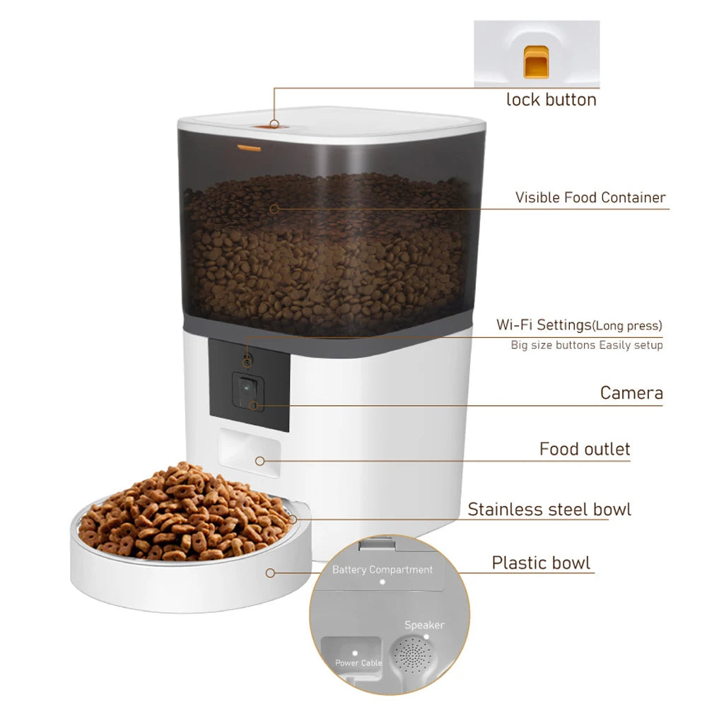 Jelieora Venture 4L automatic pet feeder with HD camera, suitable for cats and dogs, features remote feed and dual pet access.