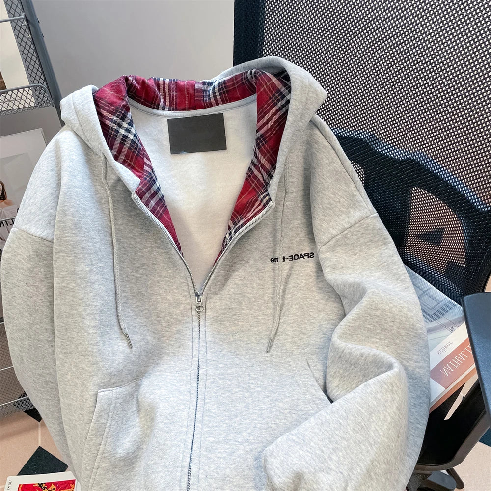 Jelieora Venture retro plaid zip hoodie cardigan with front pockets and adjustable drawstrings, casual and cozy outerwear.