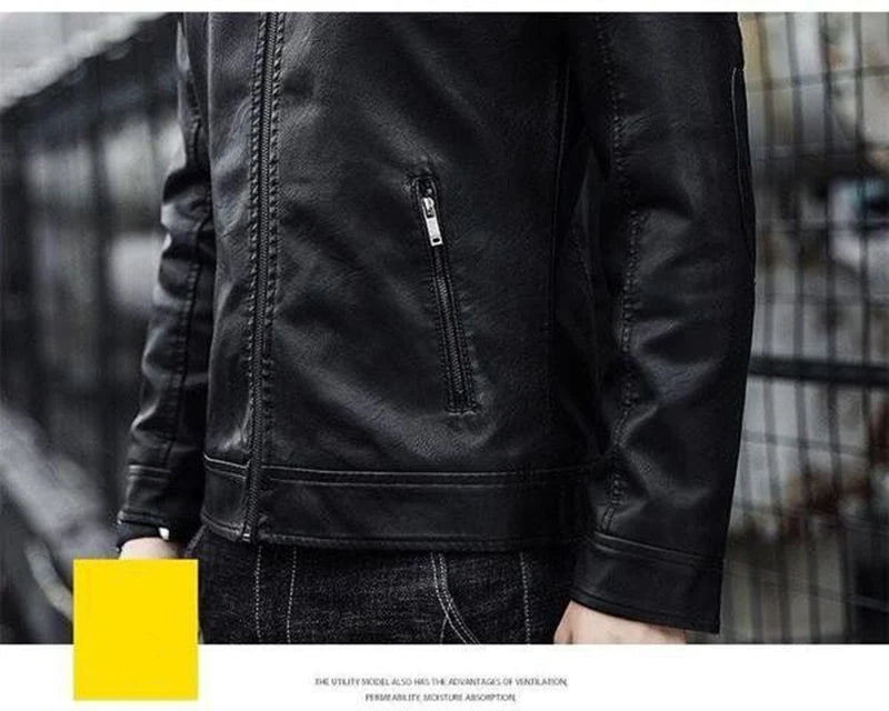 Men's faux leather biker jacket by Jelieora Venture, featuring classic design with metal zipper and detailed stitching.