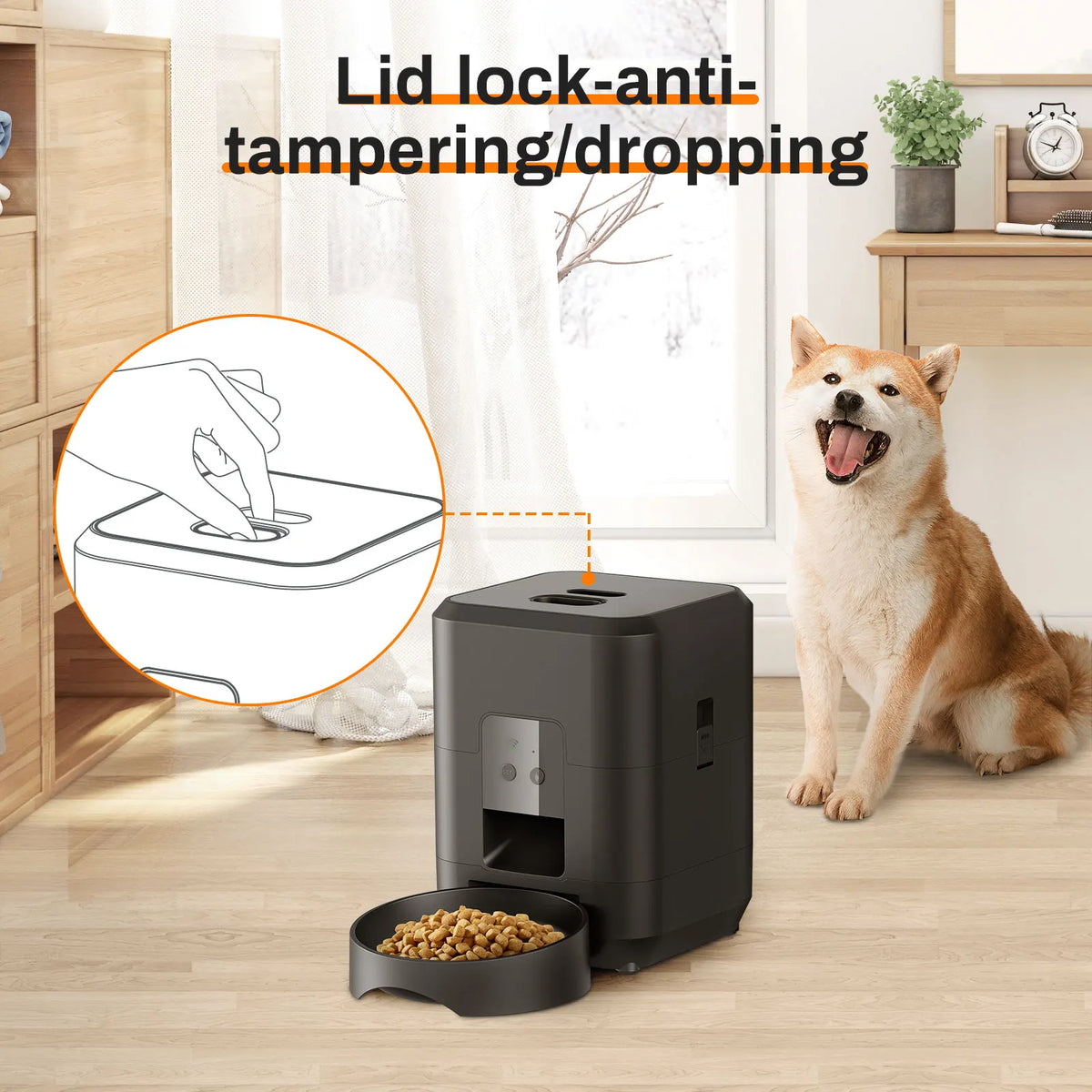 Jelieora Venture automatic pet feeder with digital timer, dispensing cat and dog food into a bowl, ideal for scheduled feeding.