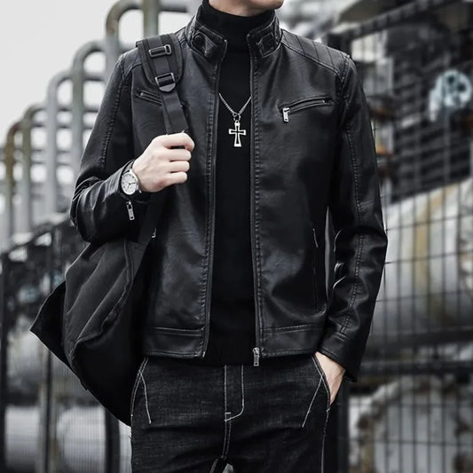 Men's faux leather biker jacket by Jelieora Venture featuring a classic black design and zip-up front detail.