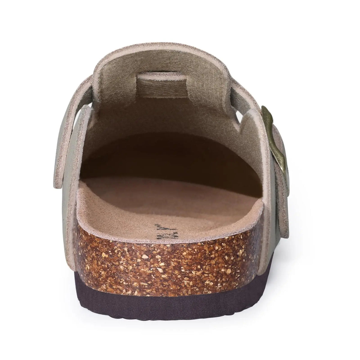 Women's suede mule clogs with cork soles and adjustable buckle by Jelieora Venture, showcasing stylish slip-on footwear.