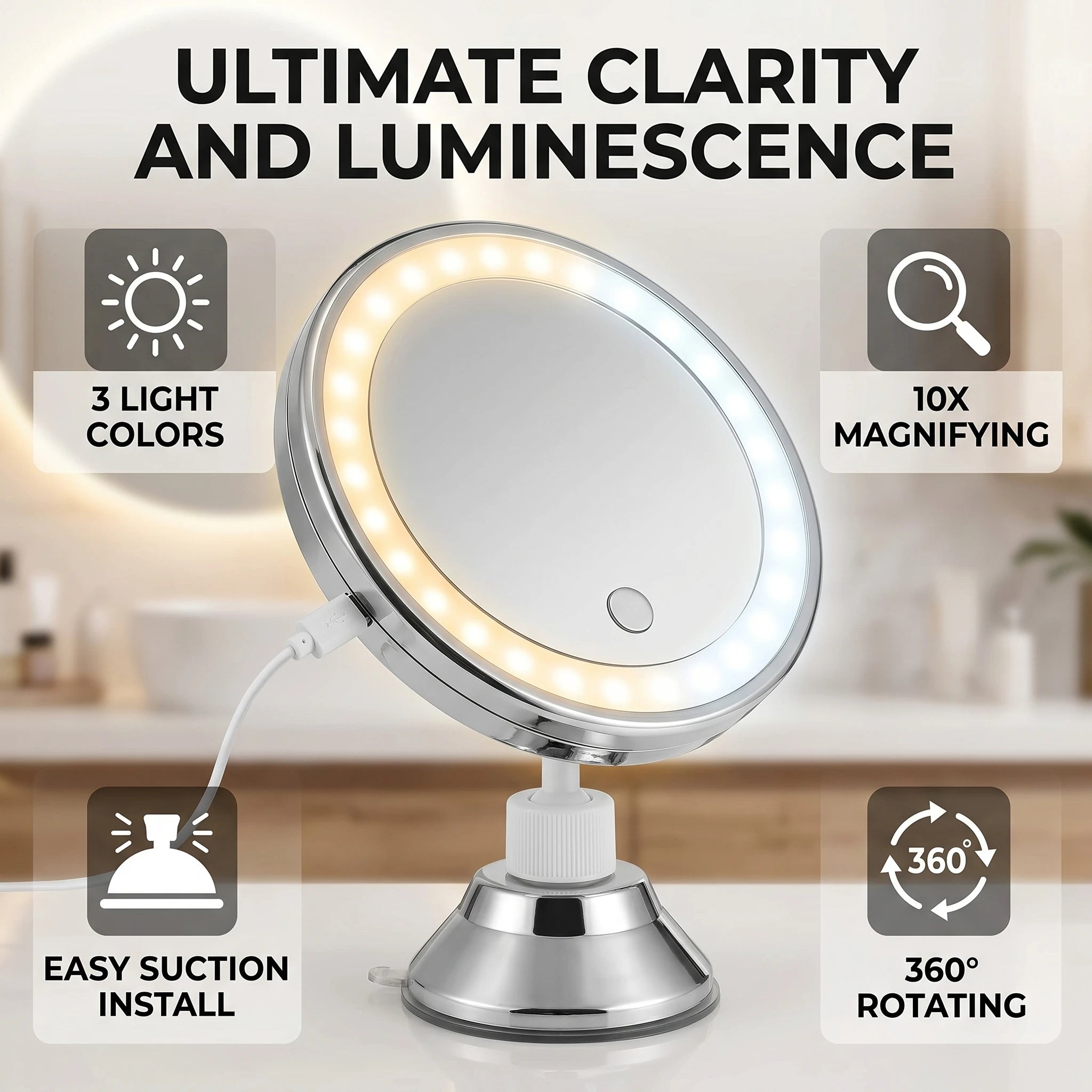 10x Magnifying Makeup Mirror with LED Lights & Suction Cup