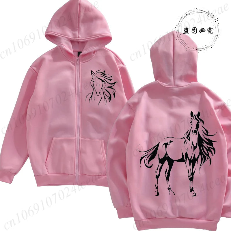Women's horse print hoodie by Jelieora Venture featuring a stylish horse design on soft, comfortable fabric.