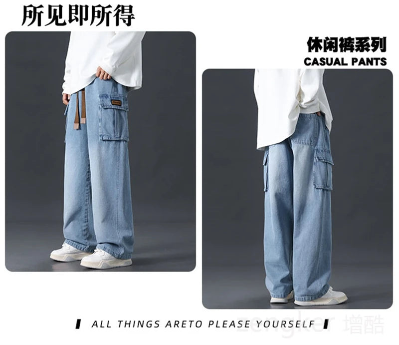 Men's plus size loose wide leg jeans with elasticated waist, black denim bottoms by Jelieora Venture, front view with relaxed fit.