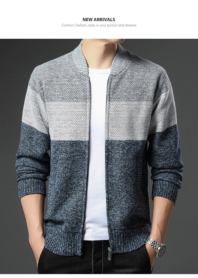 Men's knitted cardigan jumper by Jelieora Venture, showcasing a cozy, button-up design in soft, warm fabric.
