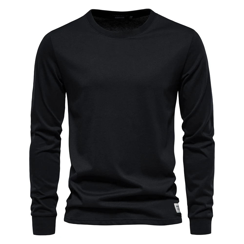 Men's cotton long sleeve T-shirt by Jelieora Venture, shown in a close-up of the soft fabric and classic fit.
