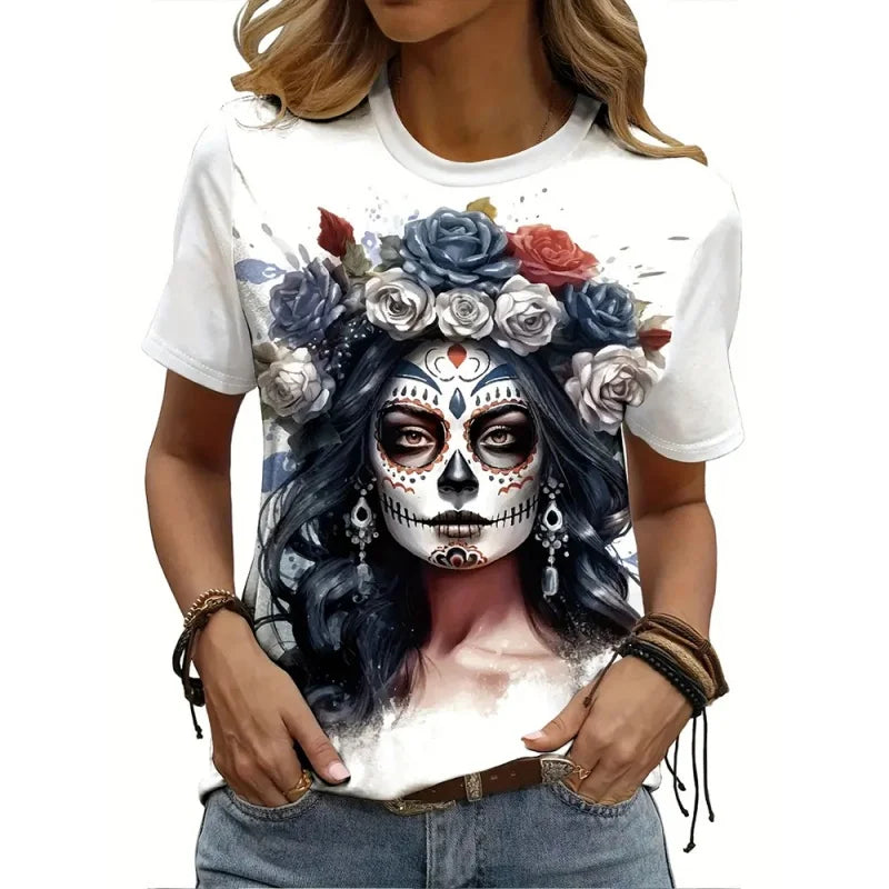 Women's skeleton print T-shirt by Jelieora Venture featuring a graphic skeleton design on a casual cotton top.